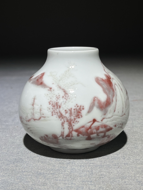 古玩陶瓷釉里紅山水紋蚊香底尊真品鑒賞圖