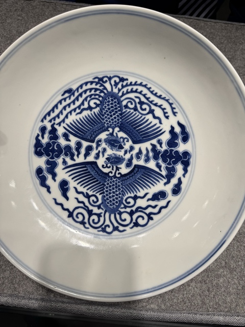 古玩陶瓷青花鸞鳳和鳴盤，注意品相真品鑒賞圖