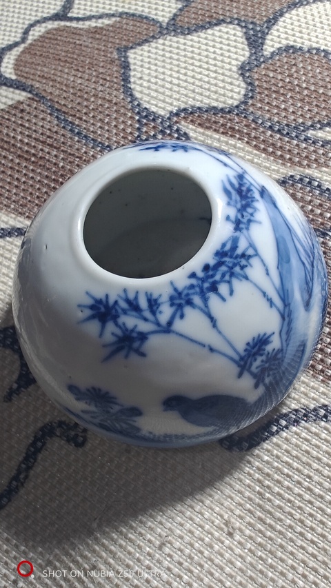 古玩陶瓷青花安居樂業圖水盂真品鑒賞圖