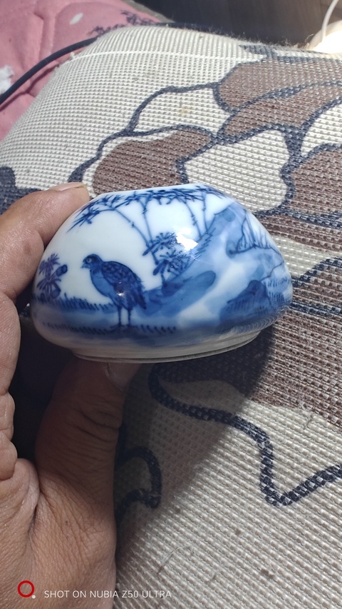 古玩陶瓷青花安居樂業圖水盂真品鑒賞圖