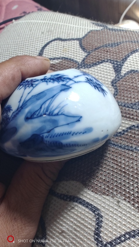 古玩陶瓷青花安居樂業圖水盂真品鑒賞圖