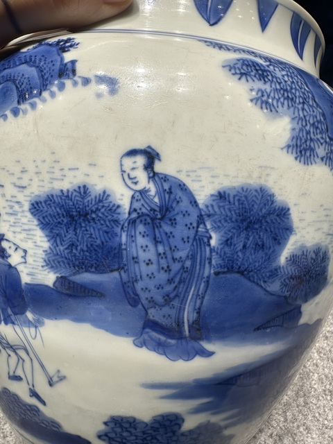 古玩陶瓷青花人物故事紋粥罐，注意品相真品鑒賞圖