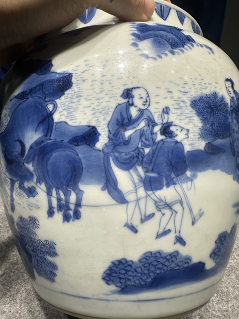 古玩陶瓷青花人物故事紋粥罐，注意品相真品鑒賞圖