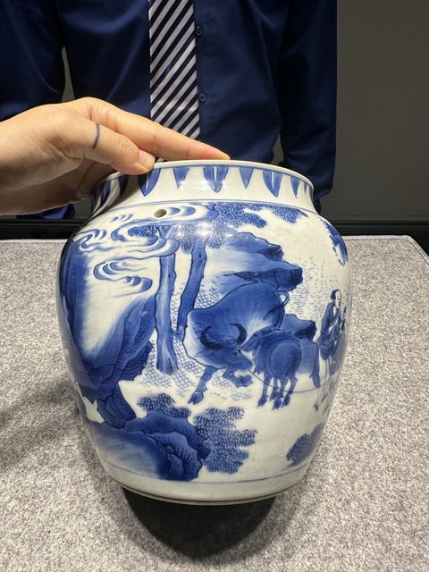 古玩陶瓷青花人物故事紋粥罐，注意品相真品鑒賞圖