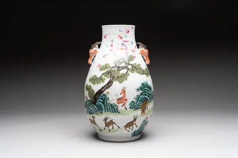 古玩陶瓷粉彩十八鹿封侯紋鹿頭尊真品鑒賞圖