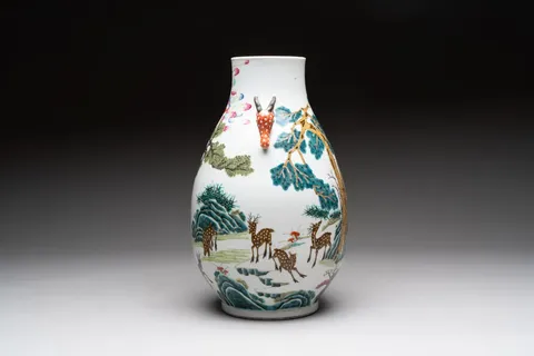 古玩陶瓷粉彩十八鹿封侯紋鹿頭尊真品鑒賞圖