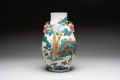 古玩陶瓷粉彩十八鹿封侯紋鹿頭尊真品鑒賞圖