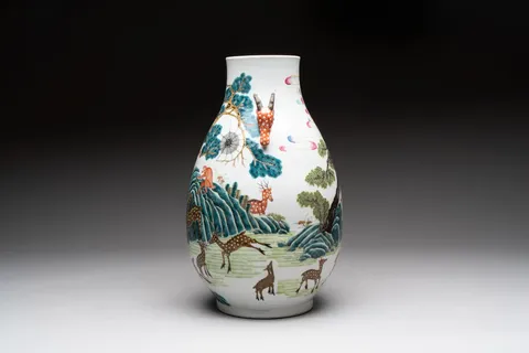 古玩陶瓷粉彩十八鹿封侯紋鹿頭尊真品鑒賞圖