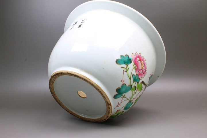 古玩陶瓷民國解放初·粉彩富貴白頭詩文花盆拍賣，當前價格936元