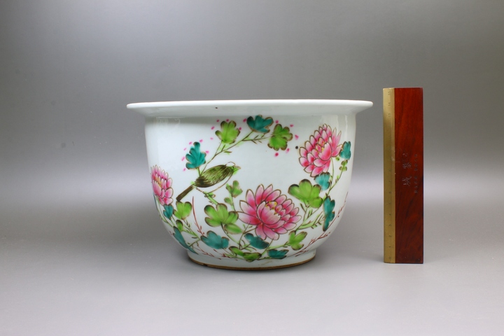 古玩陶瓷民國解放初·粉彩富貴白頭詩文花盆拍賣，當前價格936元