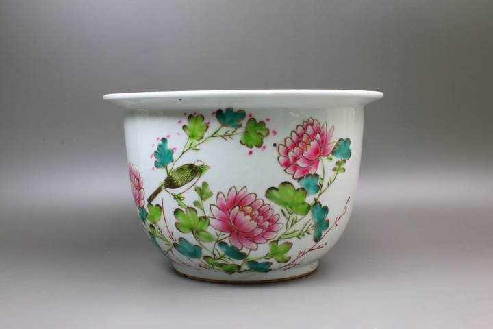 古玩陶瓷民國解放初·粉彩富貴白頭詩文花盆拍賣，當前價格936元