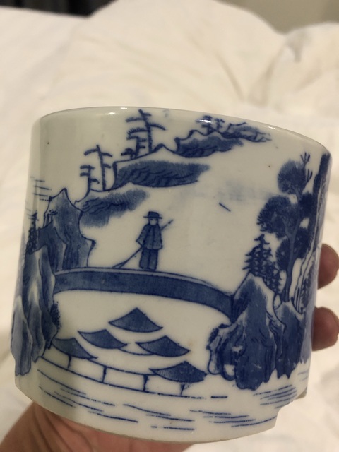 古玩陶瓷樓臺亭閣山水紋三足筒式香爐真品鑒賞圖