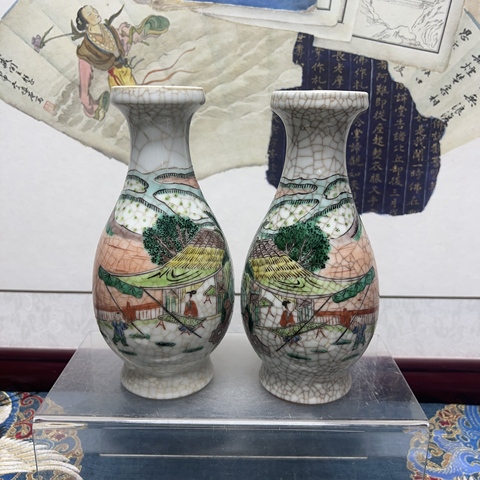 古玩陶瓷哥釉五彩人物故事紋盤口瓶真品鑒賞圖