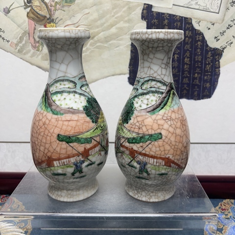 古玩陶瓷哥釉五彩人物故事紋盤口瓶真品鑒賞圖