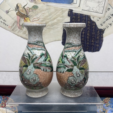 古玩陶瓷哥釉五彩人物故事紋盤口瓶真品鑒賞圖