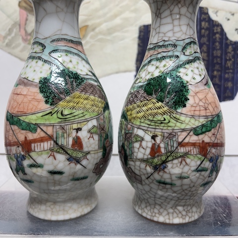 古玩陶瓷哥釉五彩人物故事紋盤口瓶真品鑒賞圖