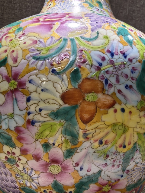 古玩陶瓷百花不落地粉彩天球瓶真品鑒賞圖