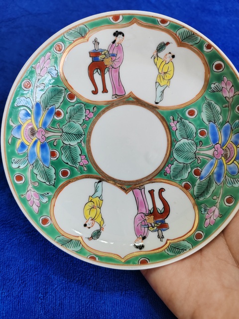 古玩陶瓷三娘教子圖粉彩盤真品鑒賞圖