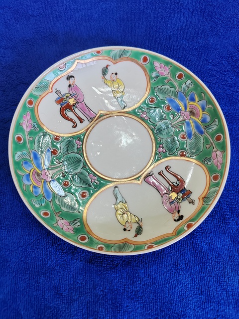 古玩陶瓷三娘教子圖粉彩盤真品鑒賞圖