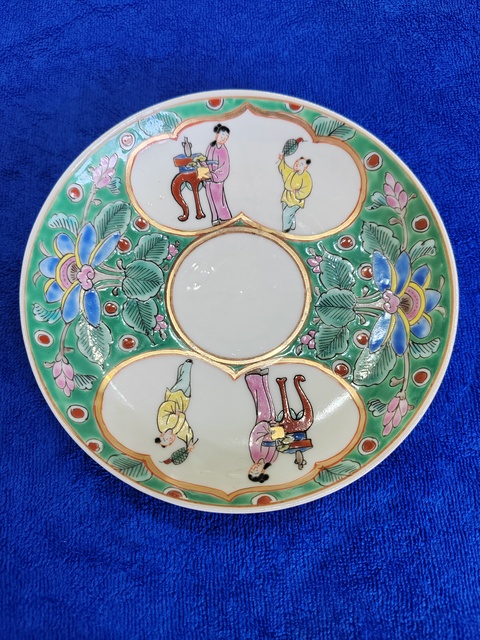 古玩陶瓷三娘教子圖粉彩盤真品鑒賞圖