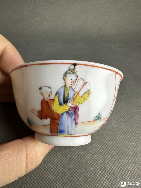 古玩陶瓷三娘教子圖廣彩茶圓真品鑒賞圖