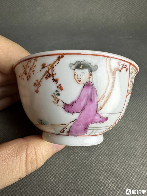 古玩陶瓷三娘教子圖廣彩茶圓真品鑒賞圖