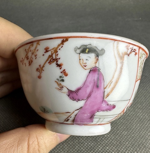古玩陶瓷三娘教子圖廣彩茶圓真品鑒賞圖