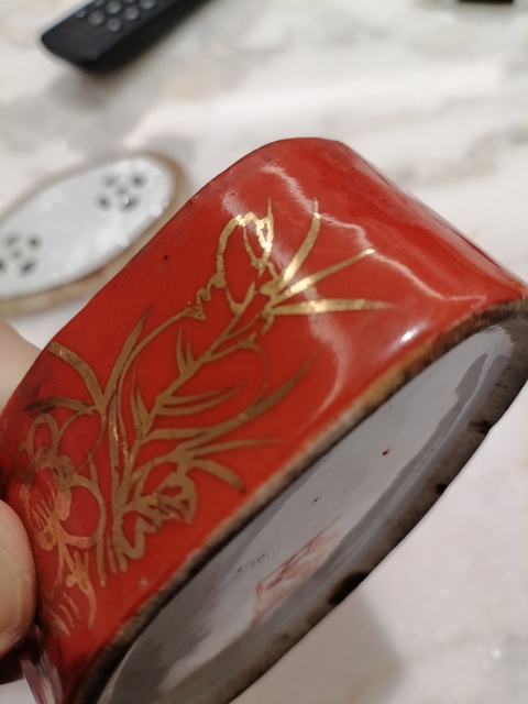 古玩陶瓷珊瑚紅描金蘭草紋蛐蛐盒真品鑒賞圖