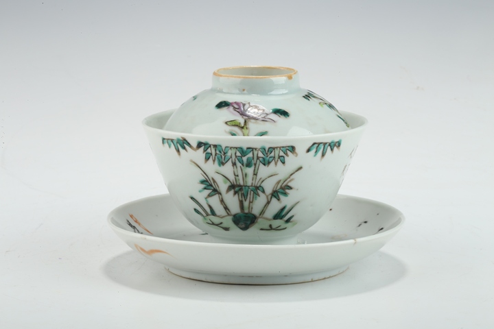 古玩陶瓷清末民初·粉彩竹石詩文蓋碗一套真品鑒賞圖