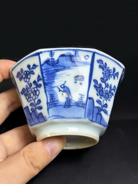 古玩陶瓷清康熙 青花山水樓閣高士圖大八方杯拍賣(mài)，當(dāng)前價(jià)格1880元