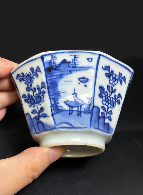 古玩陶瓷清康熙 青花山水樓閣高士圖大八方杯拍賣(mài)，當(dāng)前價(jià)格1880元