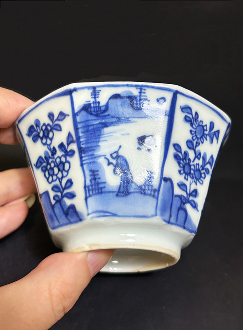 古玩陶瓷清康熙 青花山水樓閣高士圖大八方杯拍賣(mài)，當(dāng)前價(jià)格1880元