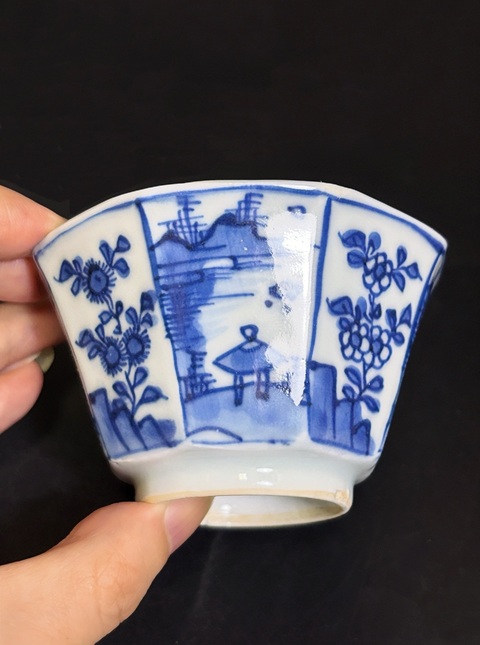古玩陶瓷清康熙 青花山水樓閣高士圖大八方杯拍賣(mài)，當(dāng)前價(jià)格1880元