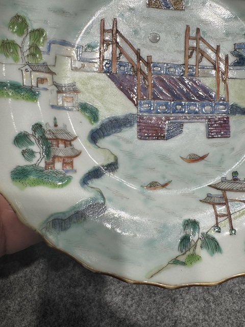 古玩陶瓷粉彩西湖十景折腰盤(pán)真品鑒賞圖