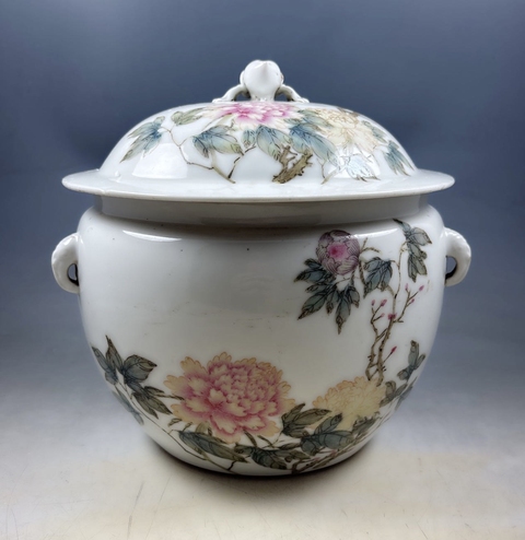 古玩陶瓷粉彩花卉詩(shī)文粥罐真品鑒賞圖
