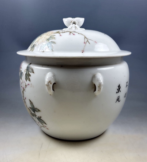 古玩陶瓷粉彩花卉詩(shī)文粥罐真品鑒賞圖