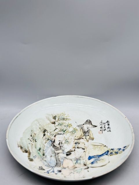 古玩陶瓷馬慶云 淺絳彩右軍愛鵝圖畫盤真品鑒賞圖
