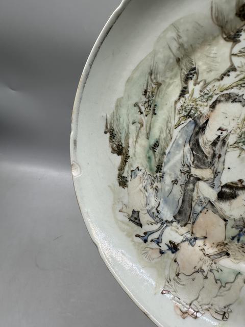 古玩陶瓷馬慶云 淺絳彩右軍愛鵝圖畫盤真品鑒賞圖