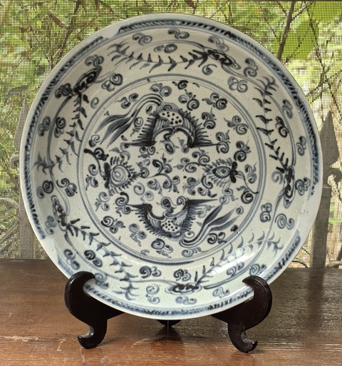 古玩陶瓷明宣德雙鳳紋青花盤拍賣，當前價格6800元