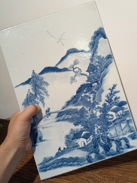 古玩陶瓷人物山水紋青花瓷板畫真品鑒賞圖