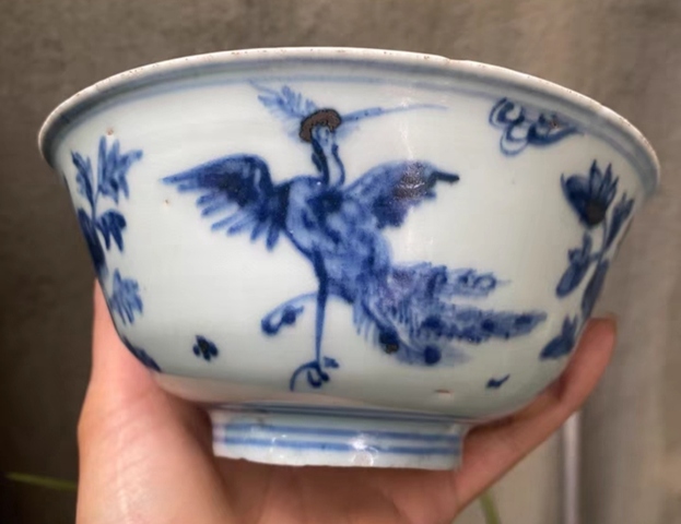 古玩陶瓷明代成化青花鳳凰牡丹紋青花碗拍賣，當前價格6000元