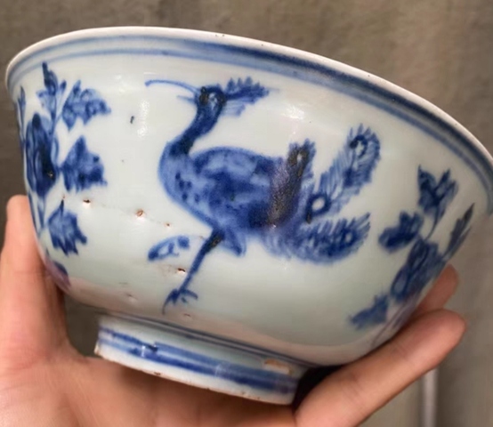 古玩陶瓷明代成化青花鳳凰牡丹紋青花碗拍賣，當前價格6000元