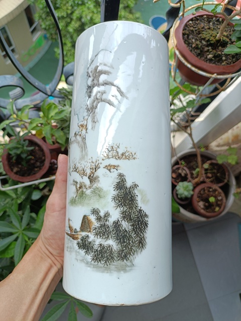 古玩陶瓷民國淺降彩帽筒真品鑒賞圖