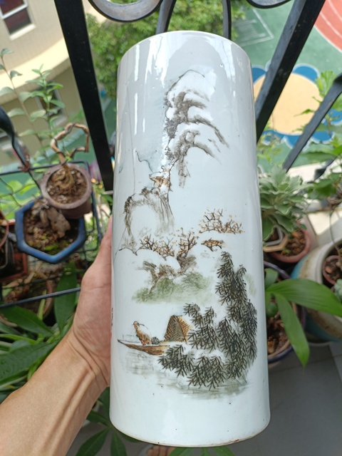 古玩陶瓷民國淺降彩帽筒真品鑒賞圖