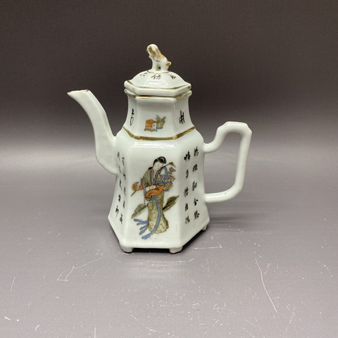 古玩陶瓷仕女詩紋六方粉彩執(zhí)壺真品鑒賞圖