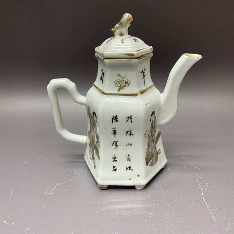 古玩陶瓷仕女詩紋六方粉彩執(zhí)壺真品鑒賞圖