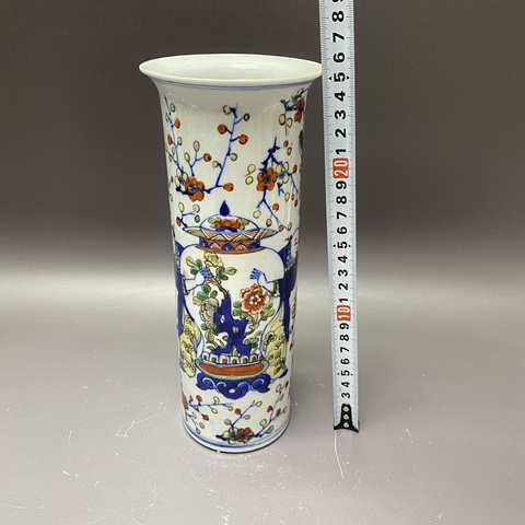 古玩陶瓷青花五彩喜報平安花觚真品鑒賞圖