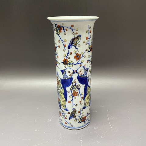古玩陶瓷青花五彩喜報平安花觚真品鑒賞圖