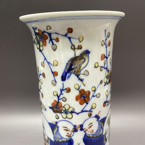 古玩陶瓷青花五彩喜報平安花觚真品鑒賞圖