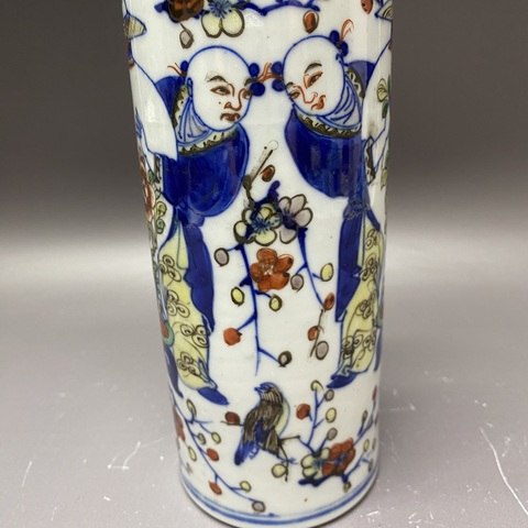 古玩陶瓷青花五彩喜報平安花觚真品鑒賞圖